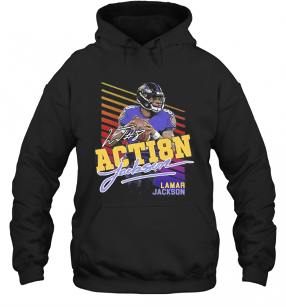 8 Action Lamar Jackson Baltimore Ravens Football Signature T-Shirt