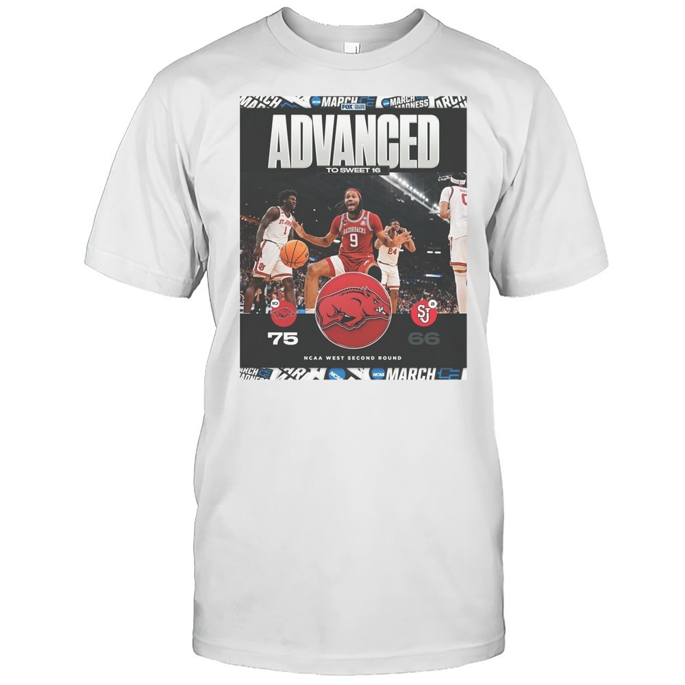 advanced-to-sweet-16-arkansas-razorbacks-vs-st-johns-red-storm-final-score-75-66-5cm5z3ox Advanced To Sweet 16 Arkansas Razorbacks Vs St Johns Red Storm Final Score 75 66 NCAA West Second Round T-shirt