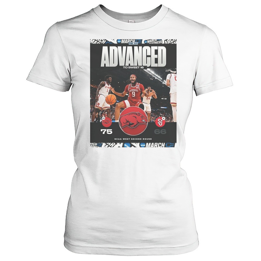 advanced-to-sweet-16-arkansas-razorbacks-vs-st-johns-red-storm-final-score-75-66-5cm5z3ox Advanced To Sweet 16 Arkansas Razorbacks Vs St Johns Red Storm Final Score 75 66 NCAA West Second Round T-shirt