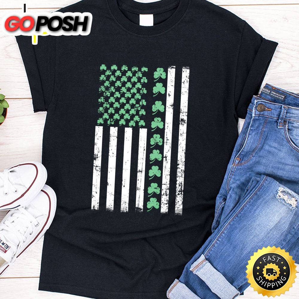 American Flag St Patricks Day T Shirt Vintage Irish Lucky Long Sleeve T-Shirt