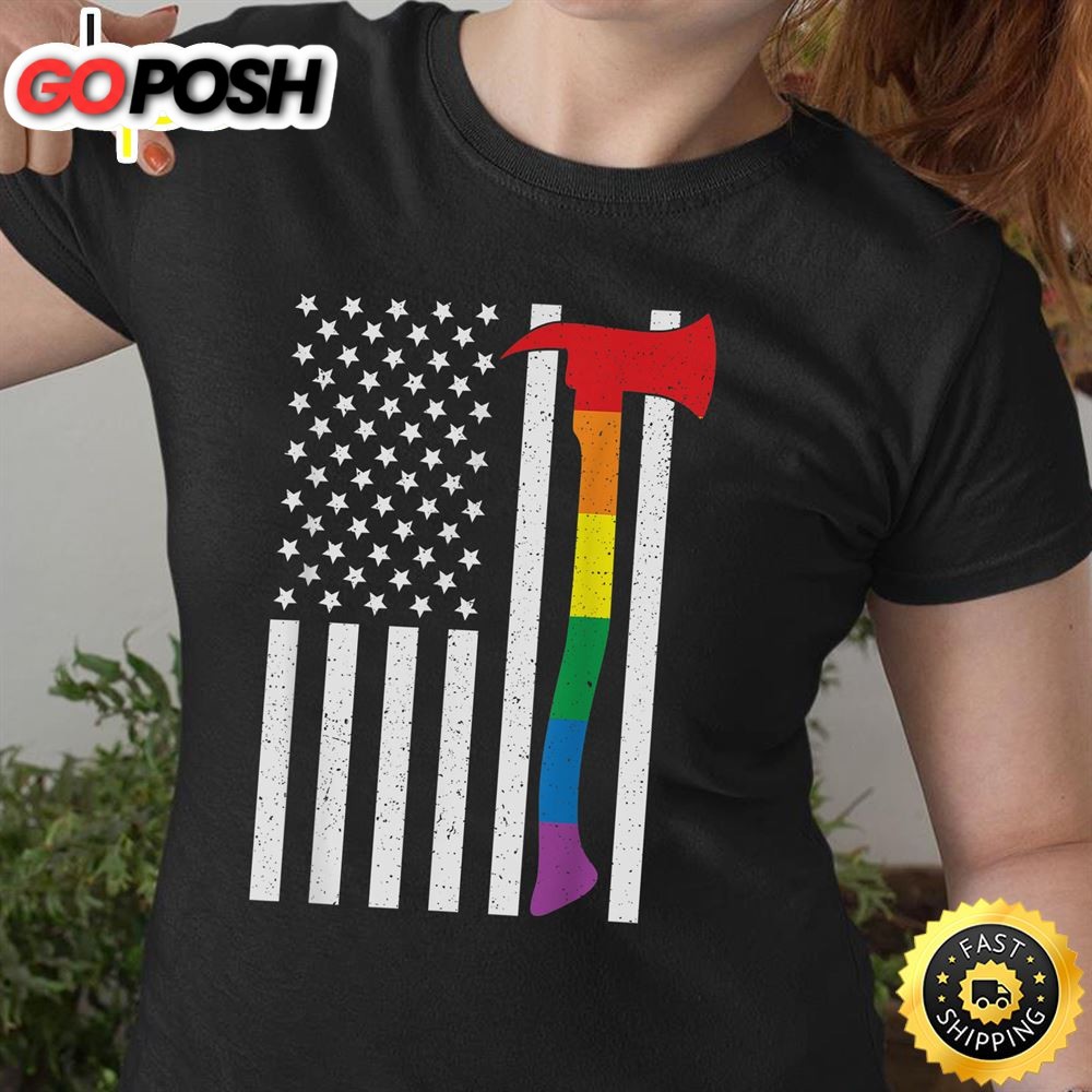 American LGBT Firefighter Flag US Rainbow Axe USA Gay Pride Valentines Day T-shirt