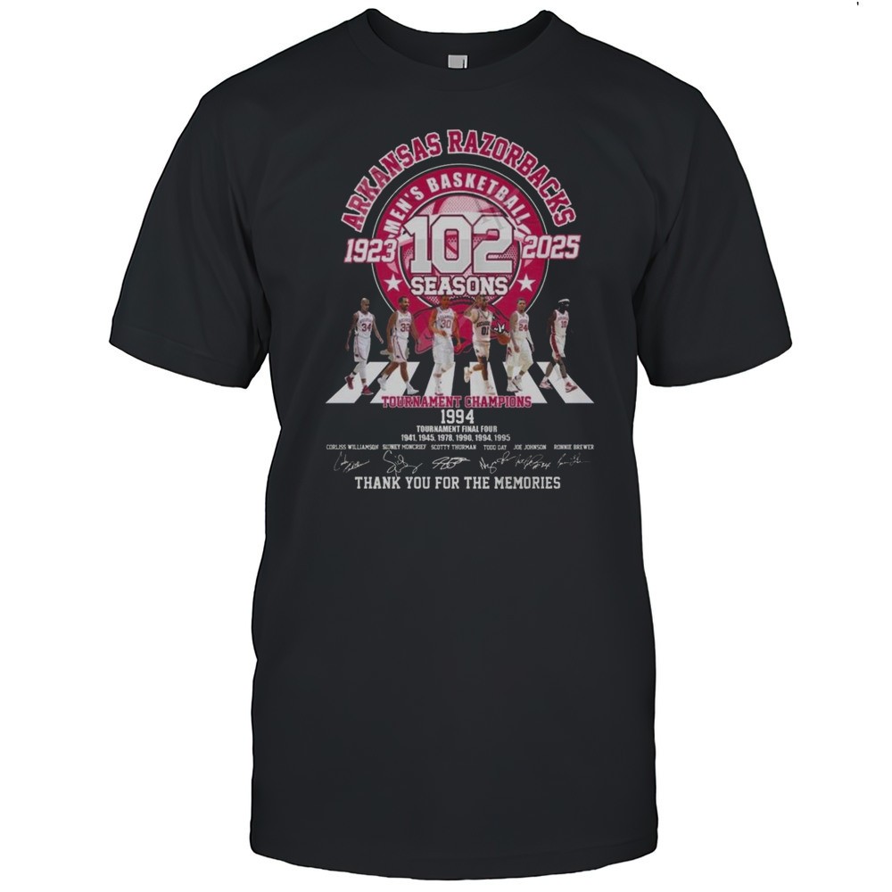 arkansas-razorbacks-mens-basketball-102-seasons-1923-2025-tournament-champions-t-clmonnth Arkansas Razorbacks Mens Basketball 102 Seasons 1923-2025 Tournament Champions Thank You For The Memories Signatures Shirt