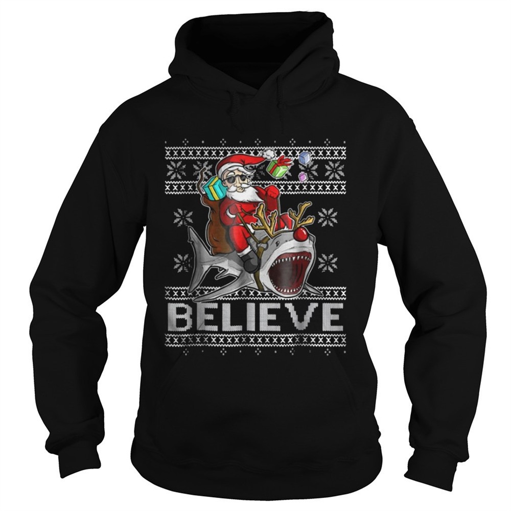 Believe in Santa Riding Shark Christmas Ugly Sweater