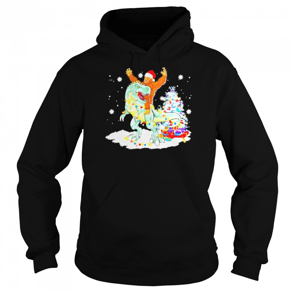Bigfoot Sasquatch Riding Dinosaur T Rex Christmas Shirt