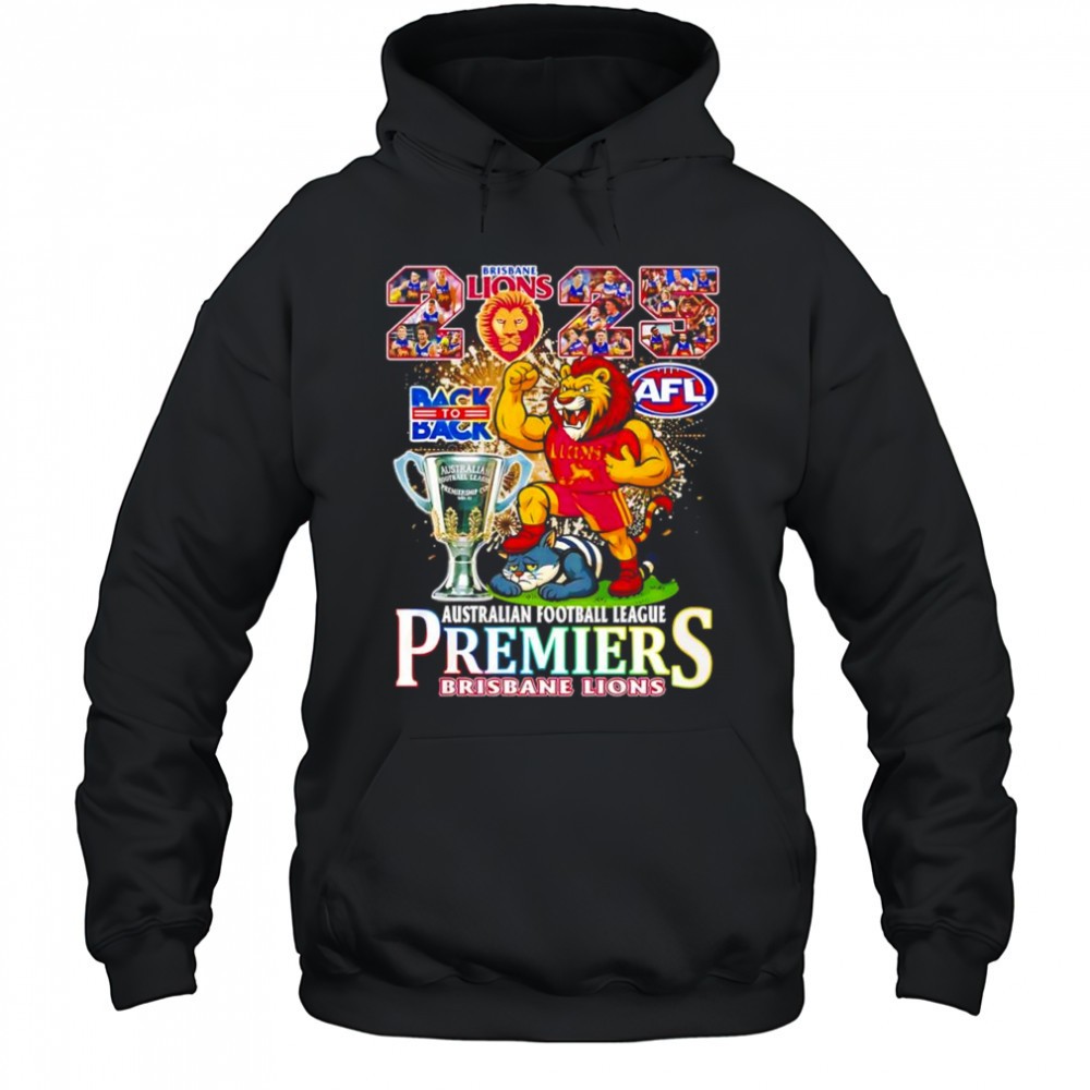 Brisbane Lions back to back 2025 AFL Australian Football League premiers cup mascot logo shirt
