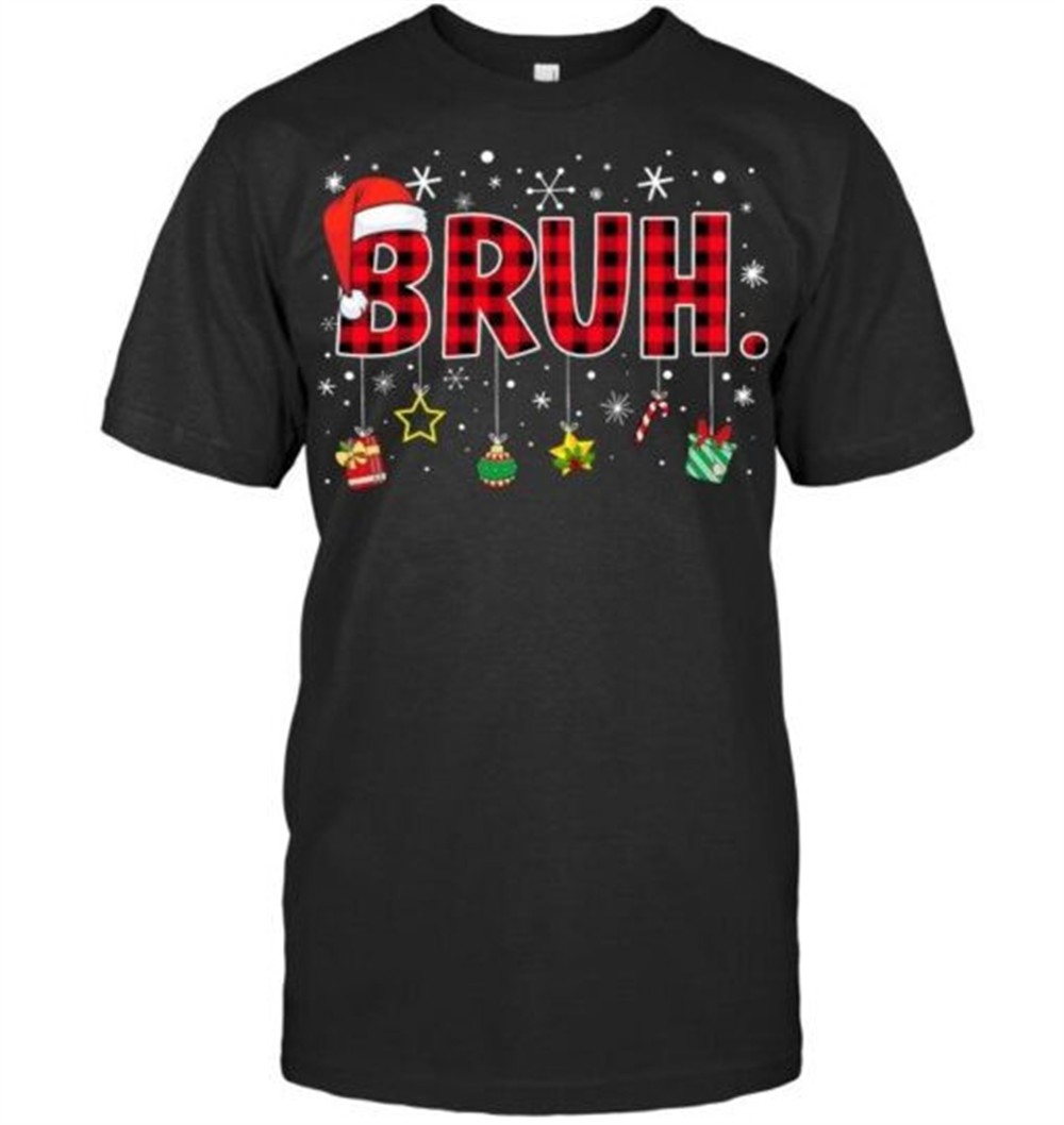 Bruh Funny Christmas Red Plaid Teens Boys Kids Xmas Pajamas T Shirt