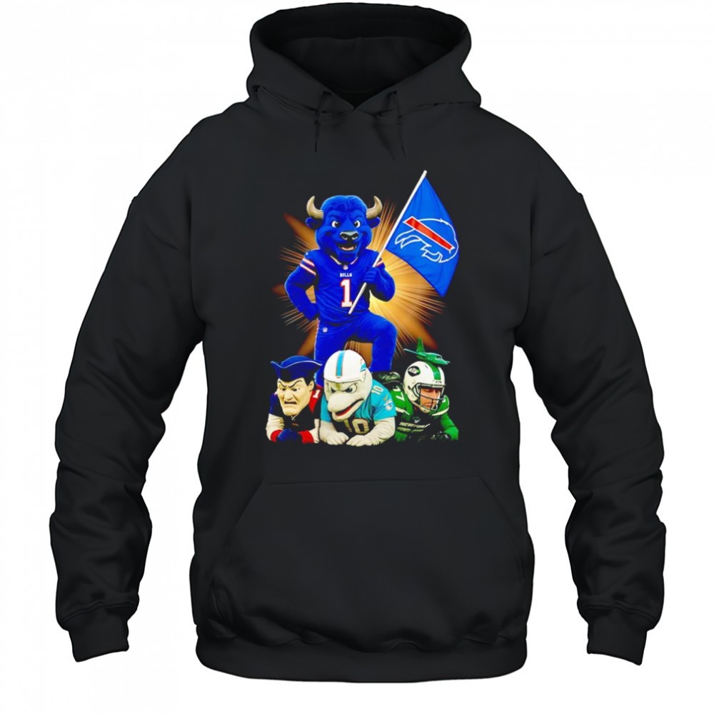 Buffalo Bills mascot standing with flag shirt