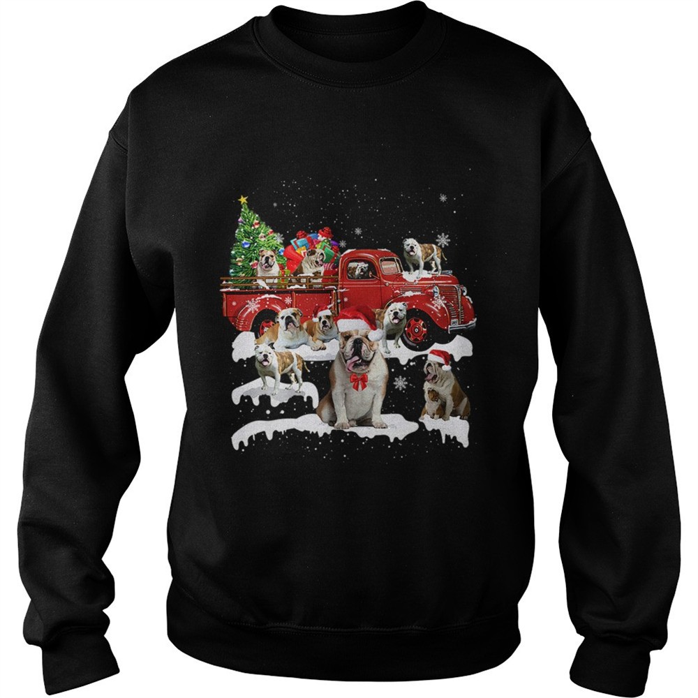 Bulldog Riding Red Truck Xmas Merry Christmas shirt