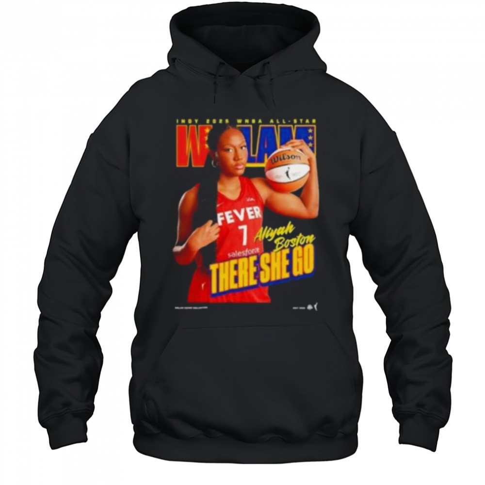 Caitlin Clark wearing Aliyah Boston there she go Indiana Fever WSLAM shirt