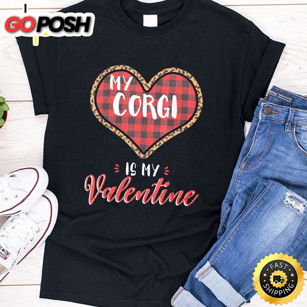 Cardigan Welsh Corgi Is Valentine Dog Leopard Buffalo Plaid T-Shirt
