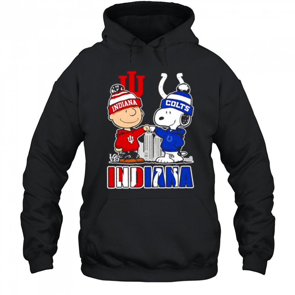 Charlie Brown and Snoopy wearing Indiana Hoosiers and Indianapolis Colts logo shirt