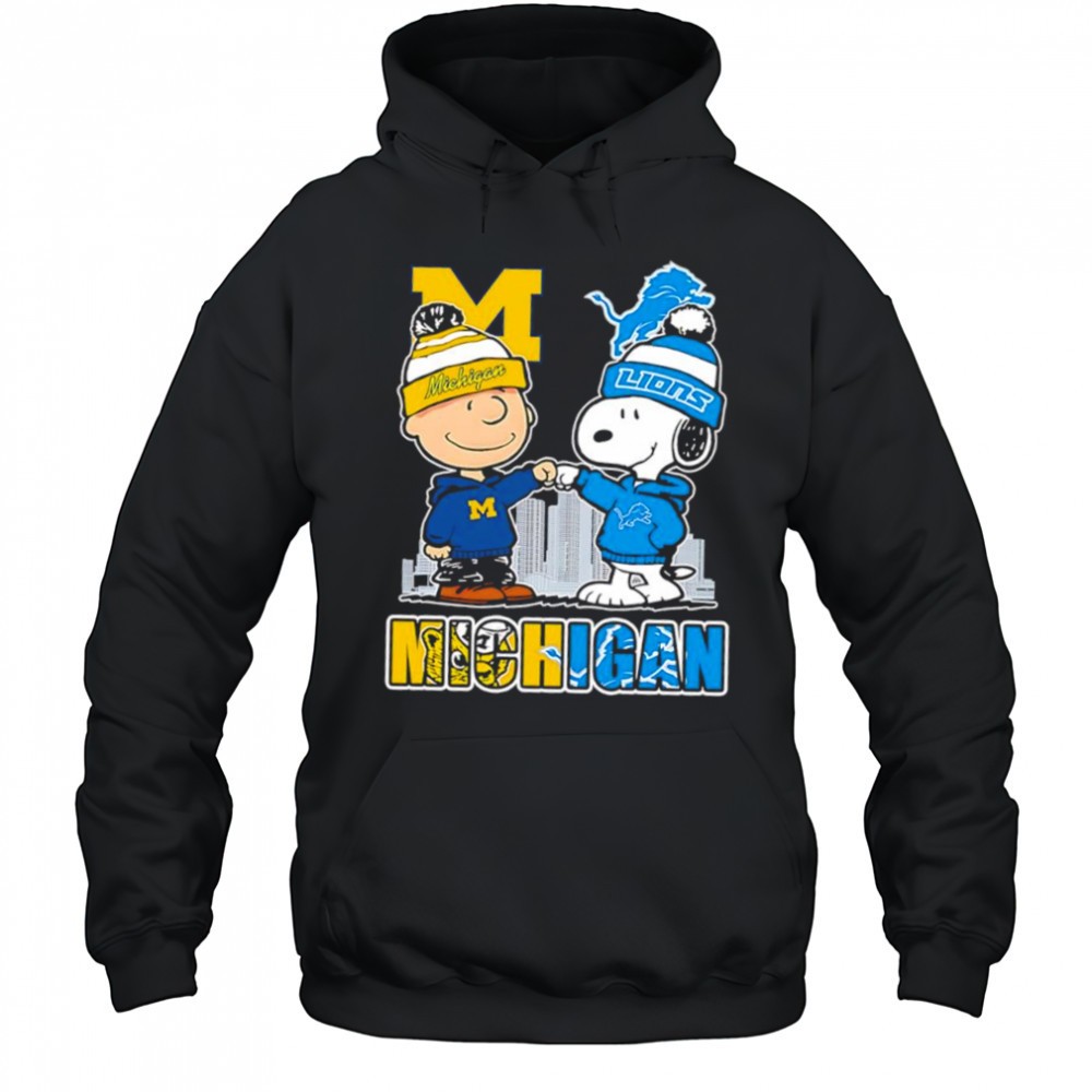 Charlie Brown and Snoopy wearing Michigan Wolverines and Detroit Lions logo shirt