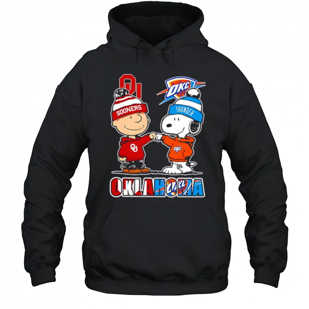 Charlie Brown and Snoopy wearing Oklahoma Sooners and Oklahoma City Thunder logo shirt