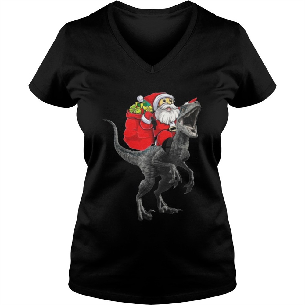 Christmas Santa Riding A Velociraptor Blue Shirt