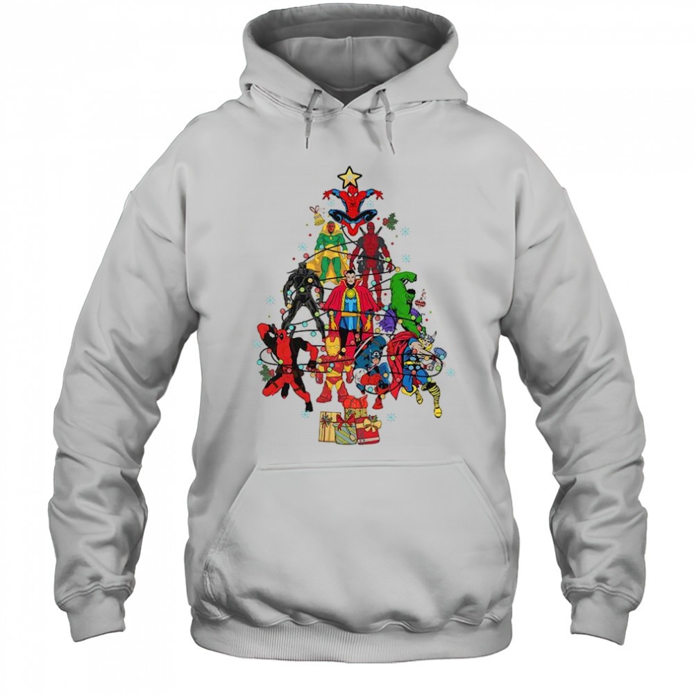 Christmas tree made up of Marvel Comics superheroes shirt