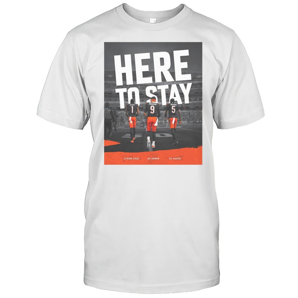 cincinnati-bengals-here-to-stay-jamarr-chase-joe-burrow-tee-higgins-signatures-p-unjpu5yk Cincinnati Bengals Here To Stay JaMarr Chase Joe Burrow Tee Higgins Signatures Poster T-shirt