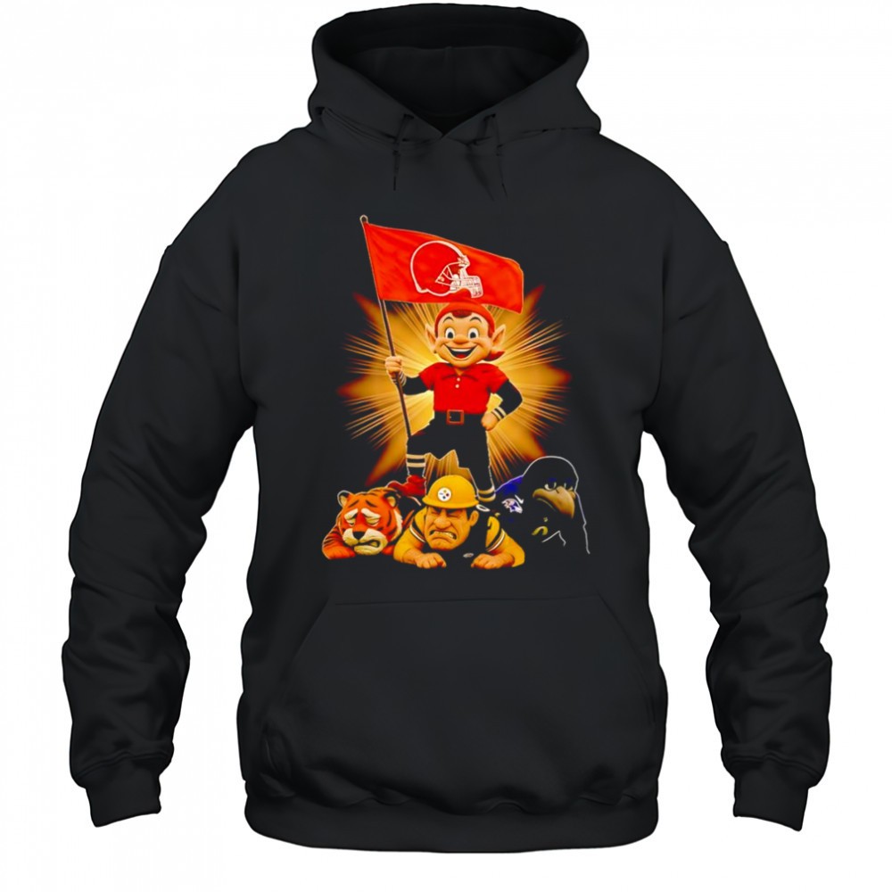 Cleveland Browns mascot standing with flag shirt