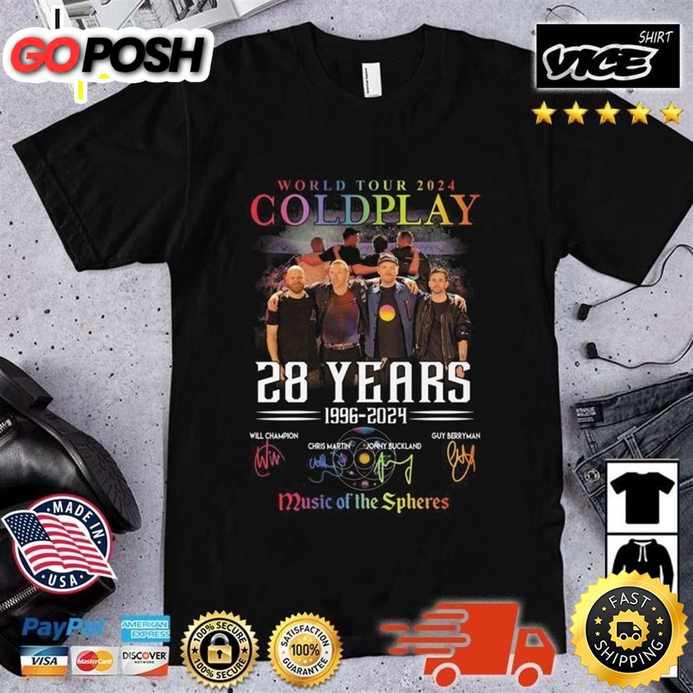 Coldplay World Tour 2025 28 Years 1996 2025 Music Of The Spheres Signatures T-Shirt