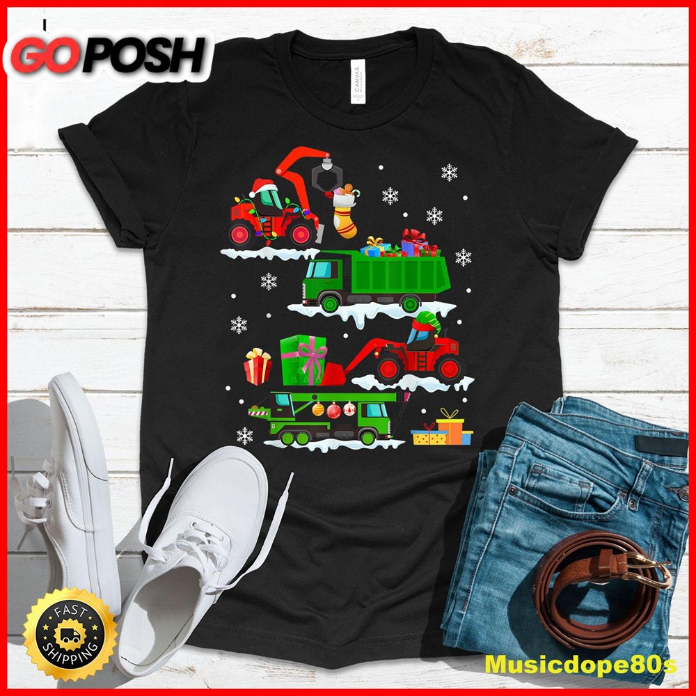 Construction Vehicle Christmas Red Trucks Winter Boys Kids T-Shirt