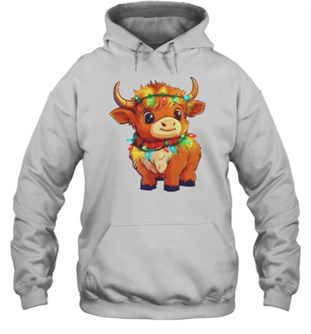 Cute Christmas Lights Baby Scottish Highland Cow T-Shirt