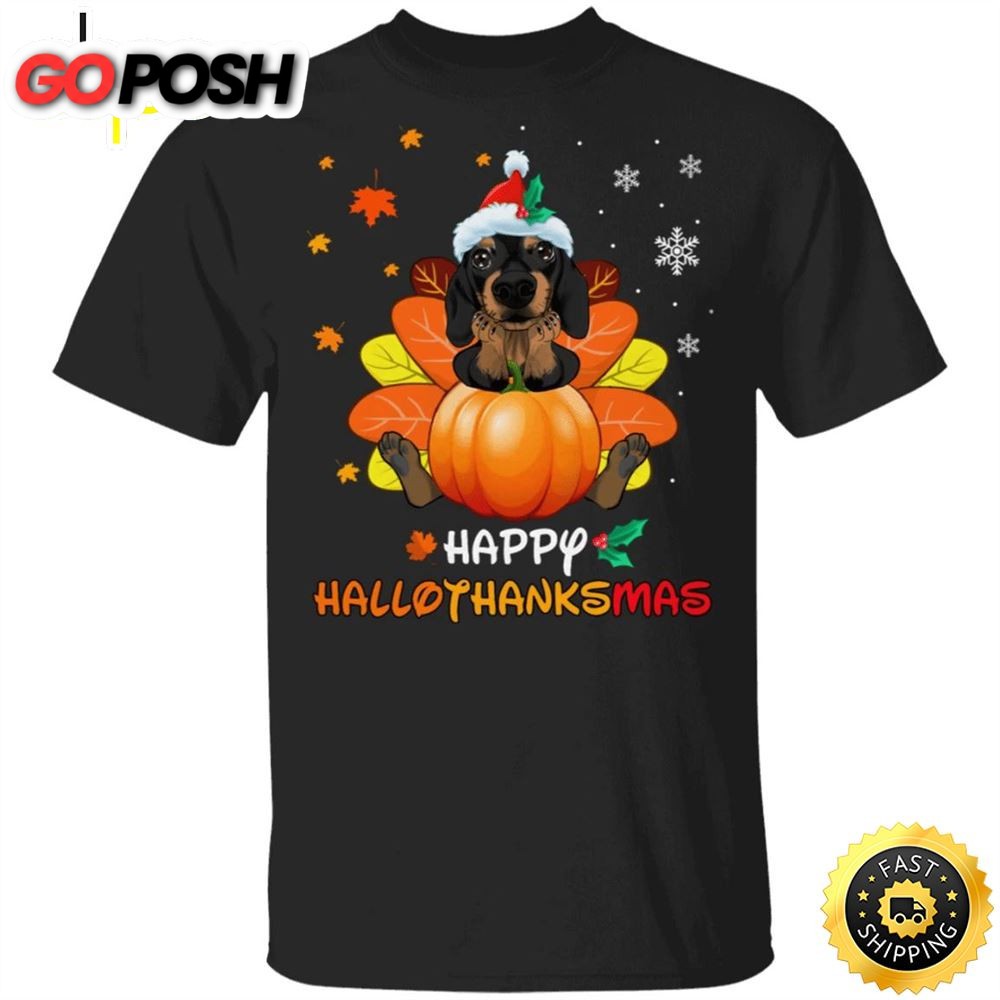 Dachshund Happy Hallothanksmas With Pumpkin T-Shirt Thanksgiving Gifts For Dachshund Lovers