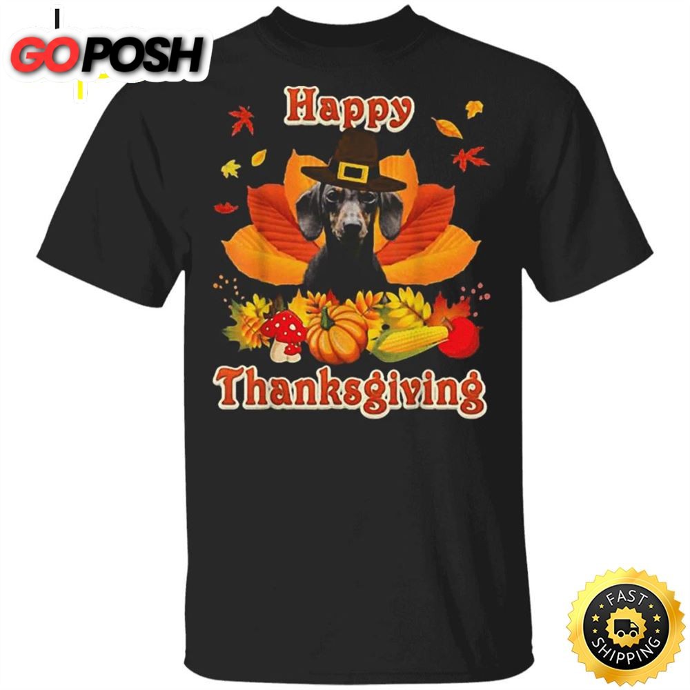 Dachshund Happy Thanksgiving T-Shirt Cute Dog Vintage Fall Designs Weiner Dog Gifts For Unisex