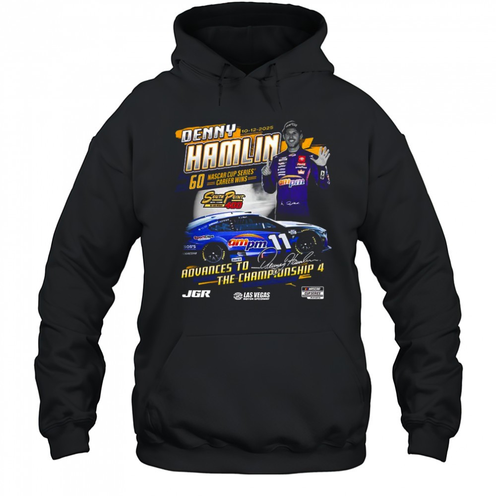 Denny Hamlin Checkered Flag Sports 2025 South Point 400 Race Winner signature shirt