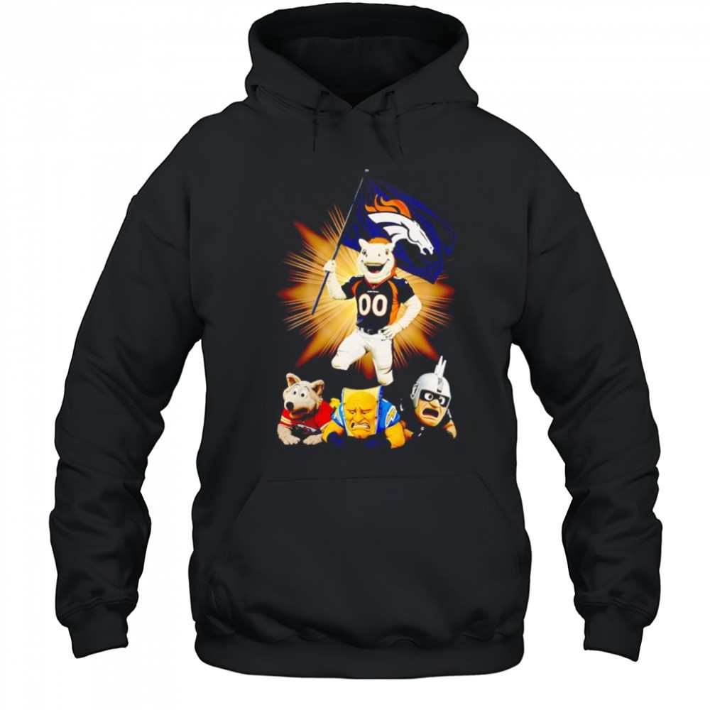 Denver Broncos mascot standing with flag shirt