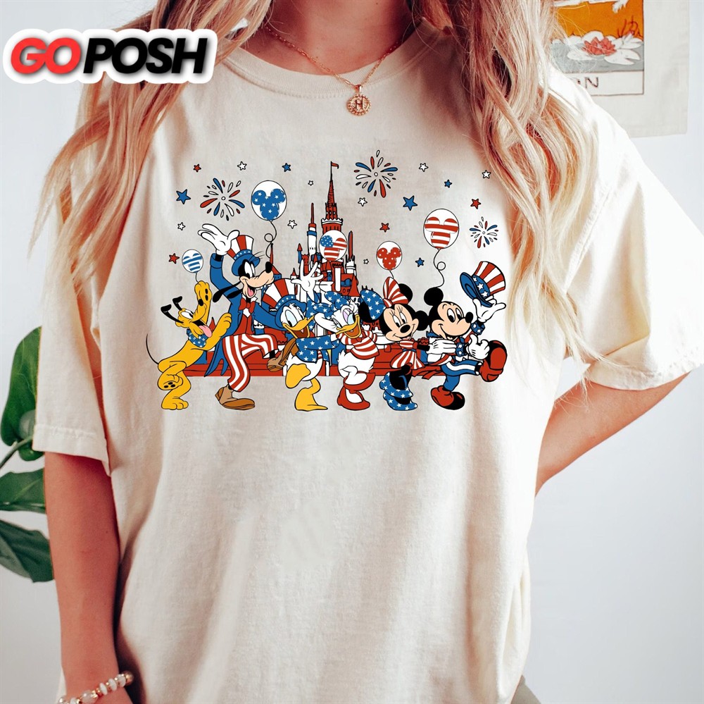Disney 4th Of July Mickey And Friends Balloons USA Flag Shirt