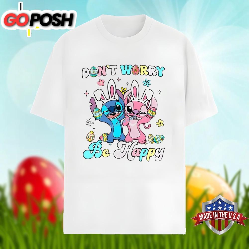 Dont Worry Be Happy With Stitch And Angel Easter Graphic Shirt