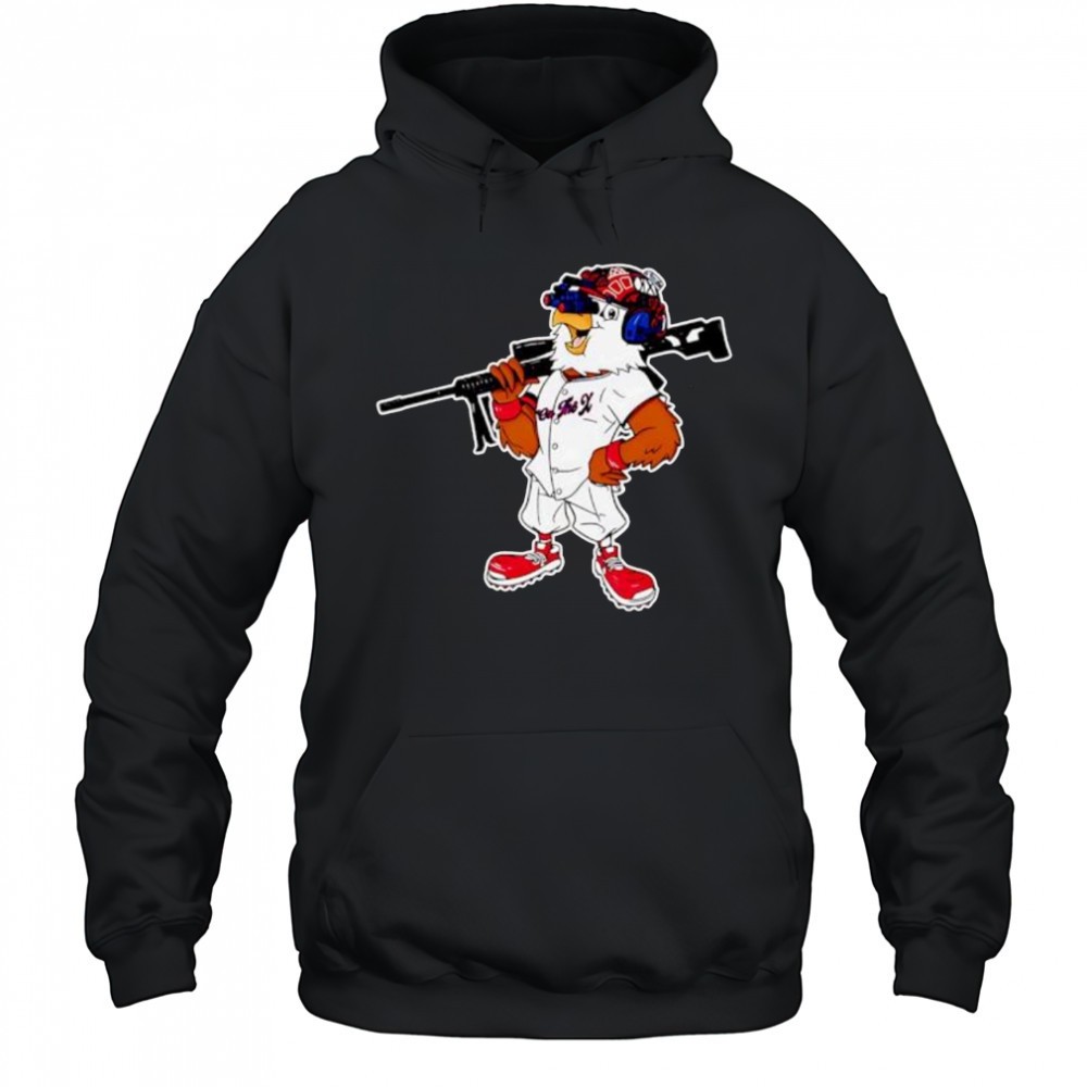Eagle wearing baseball uniform holding a rifle shirt