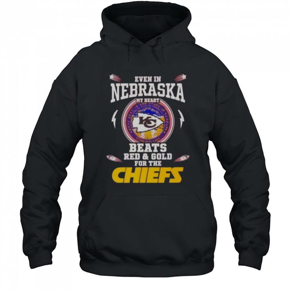Even In Nebraska My Heart Beats Red And Gold For The Kansas City Chiefs T-Shirt