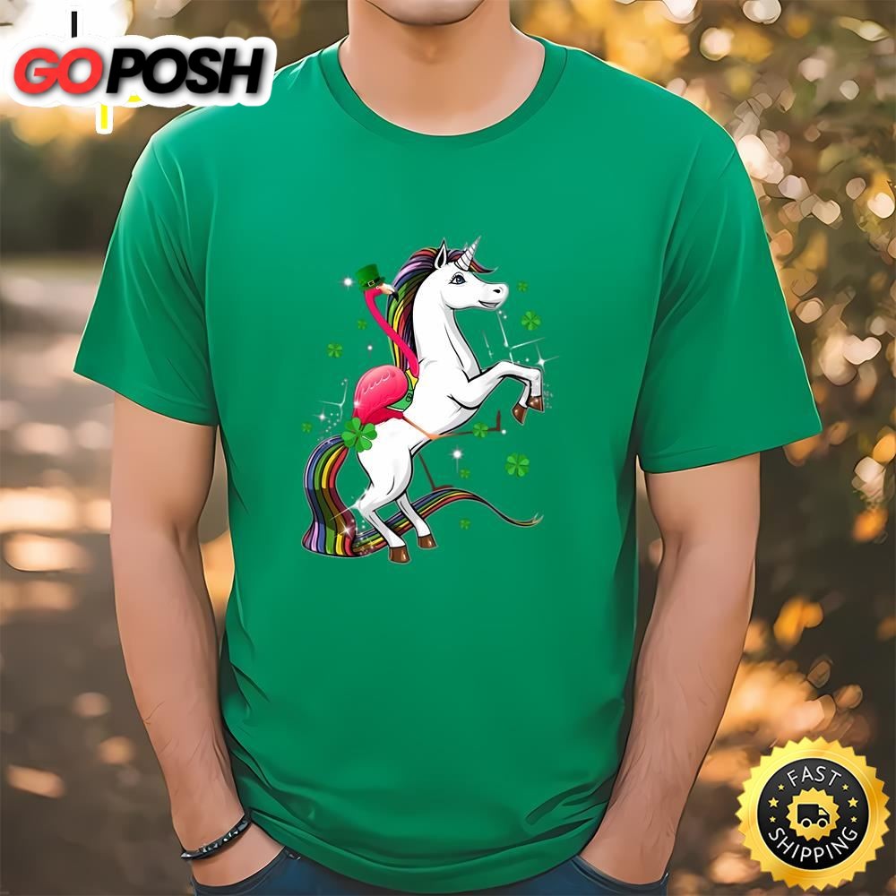 Flamingo Riding Unicorn St Patricks Day Irish T-Shirt