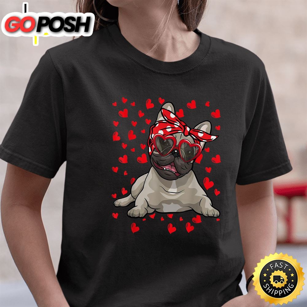 French Bulldog Heart Glasses Valentine Day Frenchie Dog Love T-Shirt