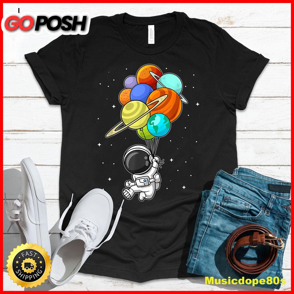 Funny Astronaut Holding Planet Balloons Space Kids Toddler T-Shirt