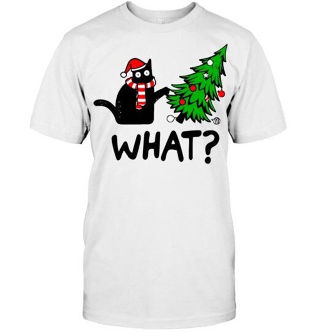 Funny Black Cat Gift Pushing Christmas Tree Over Cat What T Shirt