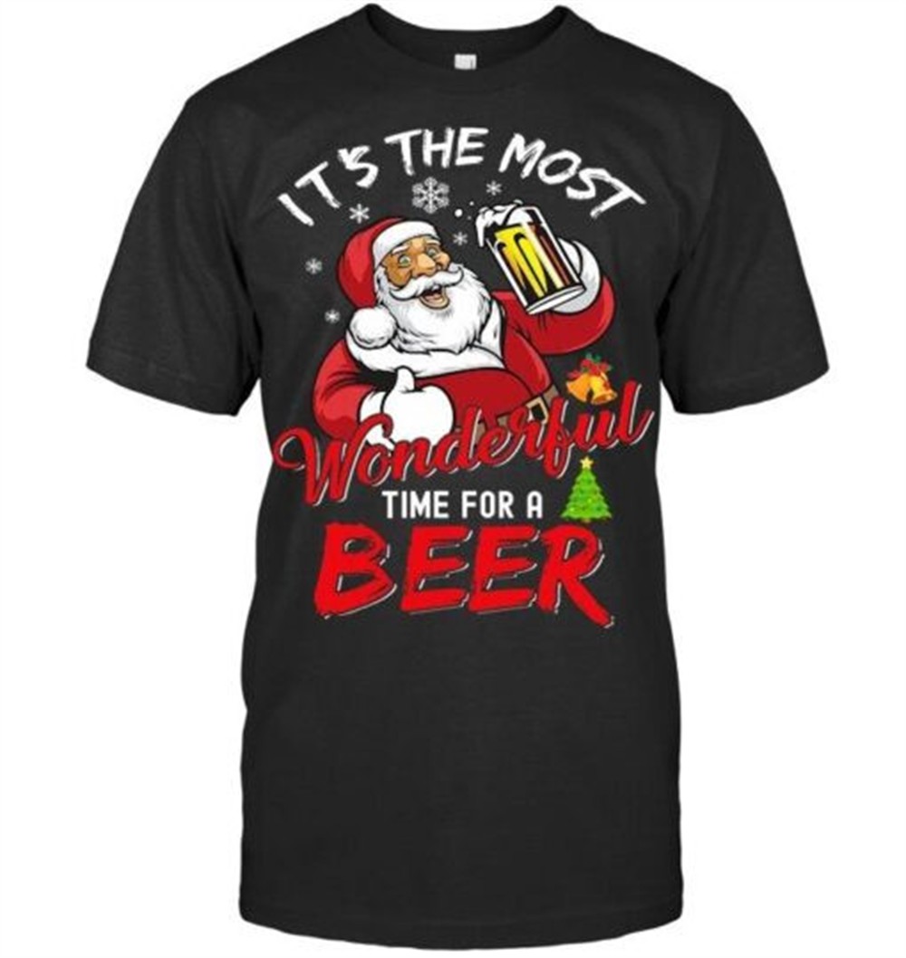 Funny Christmas Santa Claus Drinking Beer Wonderful Time T Shirt