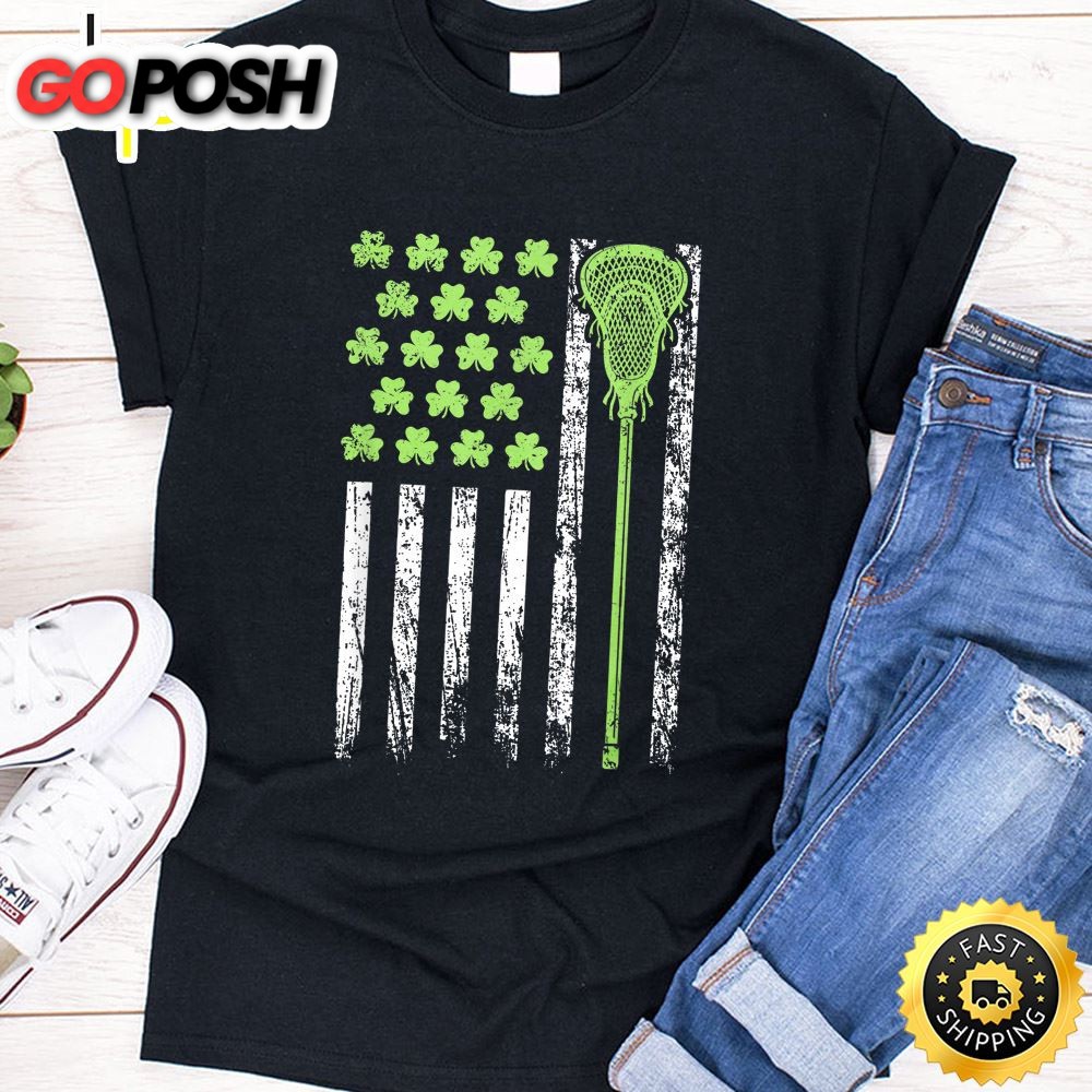 Funny Lacrosse American Flag St Patrick Day For Men Boy Kids T-Shirt