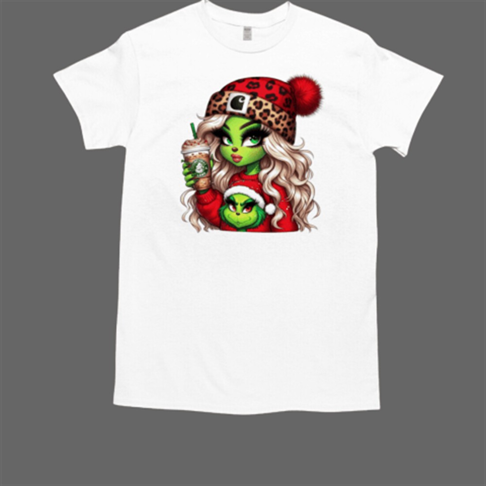 girl-grin-with-coffee-and-cheetah-beanie-christmas-t-shirt-7x7f3w9z Girl Grin with coffee and cheetah beanie christmas T-Shirt