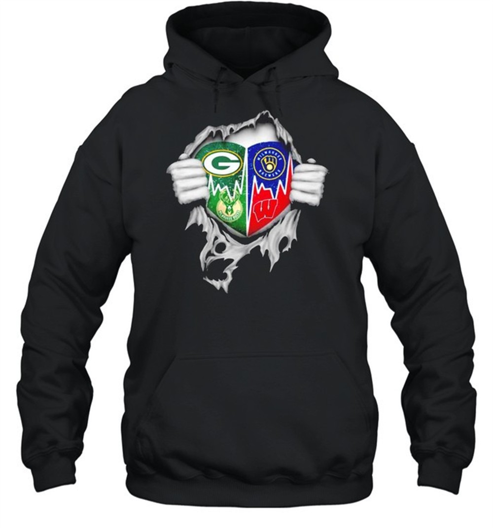 Green Bay Packers Milwaukee Brewers Milwaukee Bucks Wisconsin Badgers Heartbeat Ripped shirt