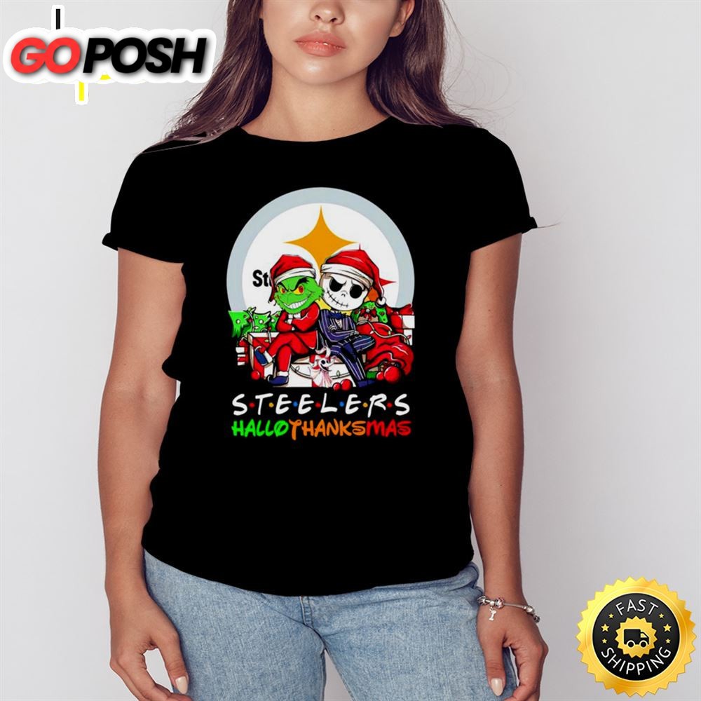 Grinch And Jack Skellington Pittsburgh Steelers Hallothankmas Shirt