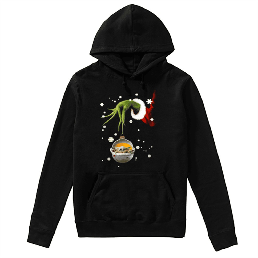 Grinch hand holding Baby Yoda christmas shirt