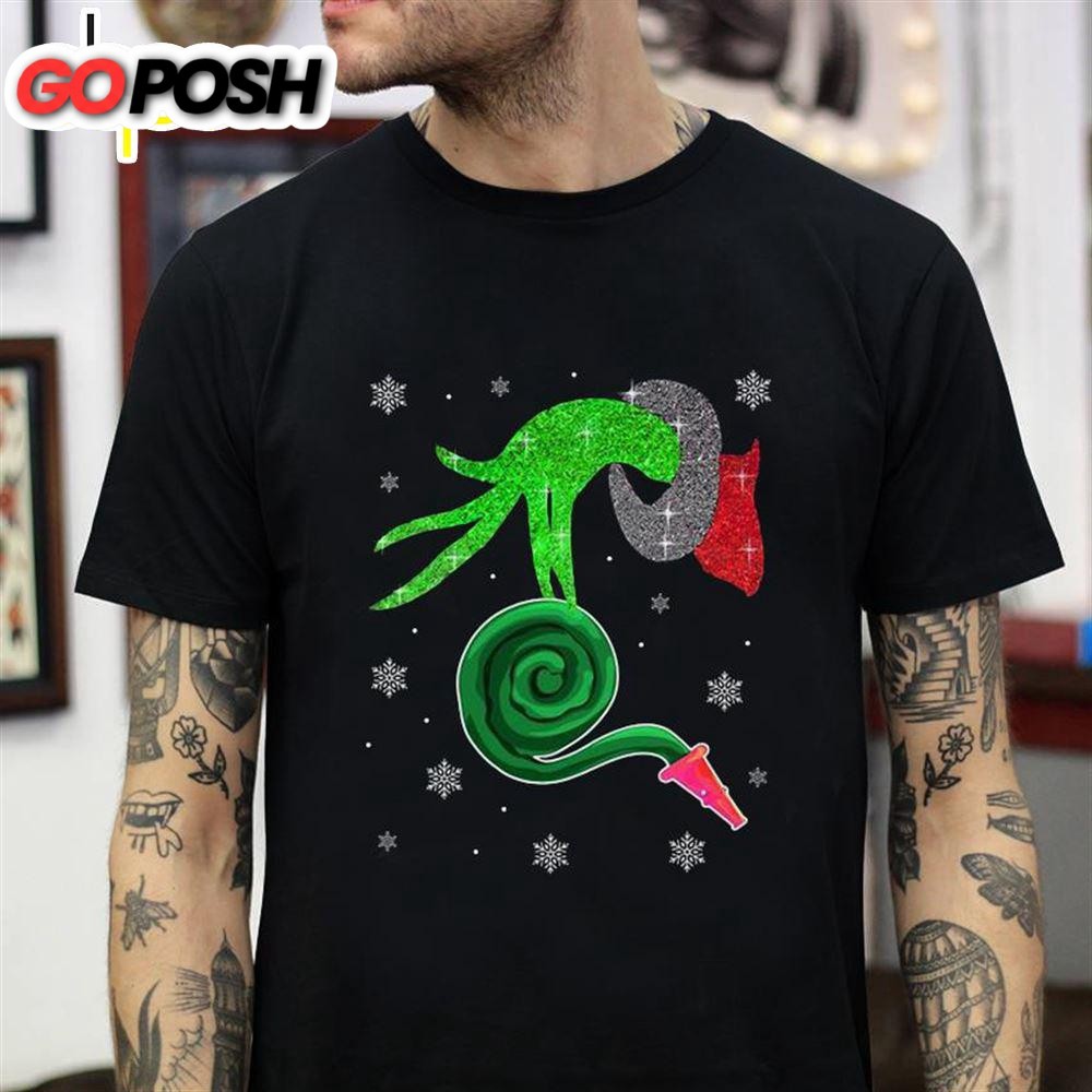 Grinch Holding Firefighter Christmas T-Shirt