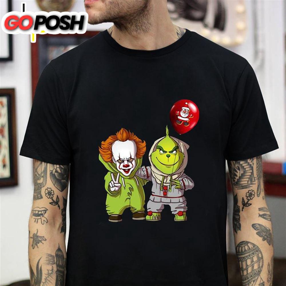 Grinch Pennywise Holding Santa Balloon Christmas T-Shirt