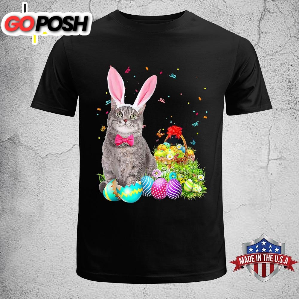 Happy Easter Cute Bunny Cat Eggs Basket Men Women Funny Cute Easter Shirt