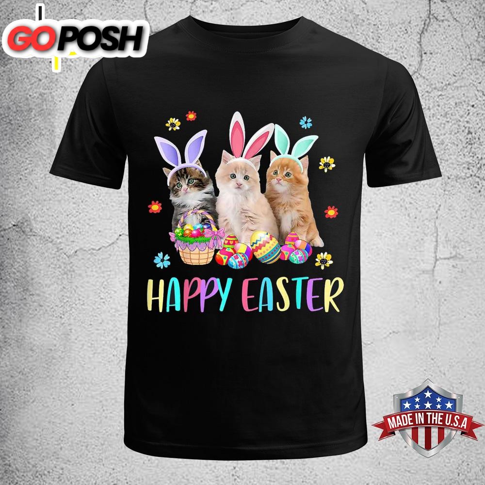 Happy Easter Three Cat Wearing Bunny Ear Kitty Kitten Lover Funny Easter Shirt