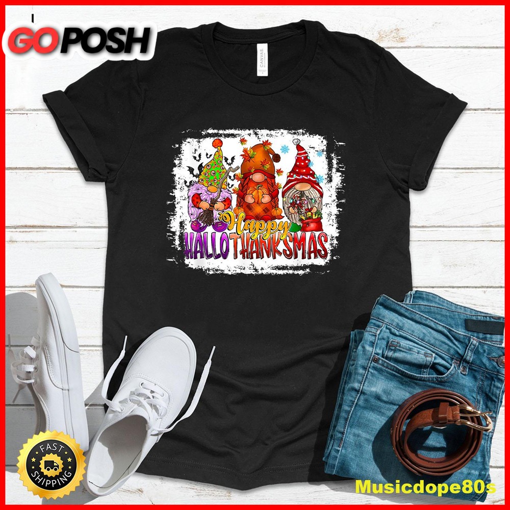 Happy HalloThankMas Gnome Halloween Christmas Thanksgiving T-Shirt