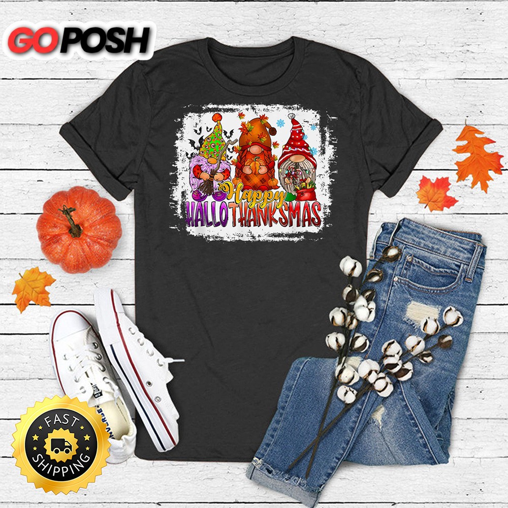 Happy HalloThankMas Gnome Halloween Christmas Thanksgiving T-Shirt