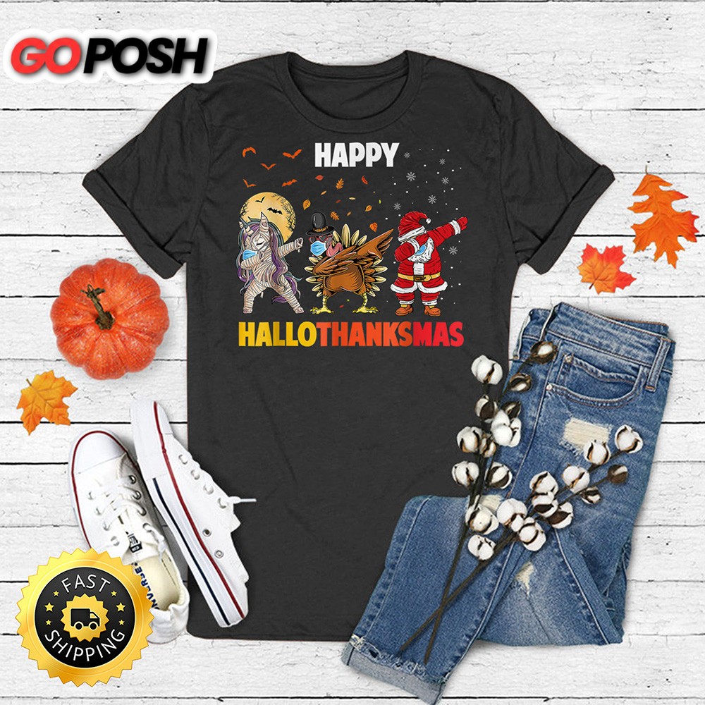 Happy Hallothanksmas Dabbing Unicorn Turkey Santa Claus 2025 T-Shirt