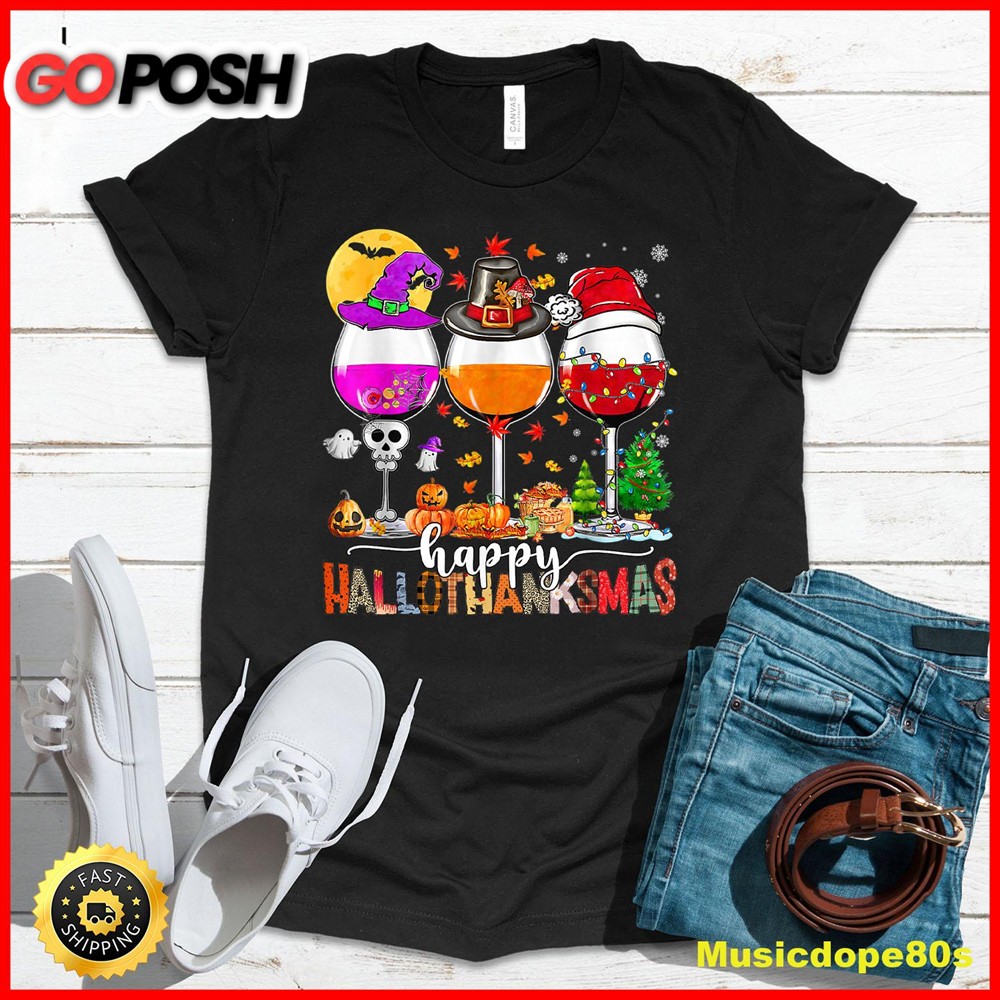 Happy Hallothanksmas Wine Glasses Witch Santa Hat Pumpkin T-Shirt